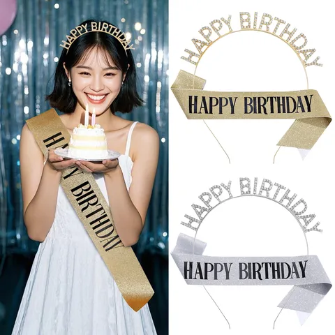 Happy Birthday Rhinestone Headband And Sash Set For Girls Birthday Party Decorations Glitter Birthday Queen Party Favors Accessories