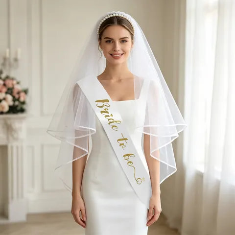 Bride To Be Satijn Sjerp Met Dubbellaagse Gaas Sluier Kunstparel Hoofdband Set Voor Bruiloft Vrijgezellenfeest Vrouwen Accessoire