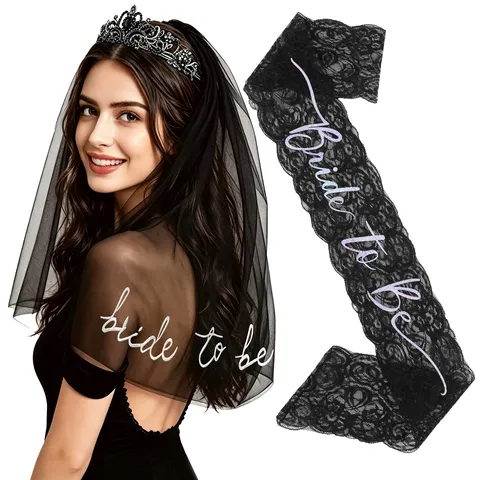 Gothic Black Bride To Be Accessories For Bachelorette Party Halloween Wedding Decorations Rhinestone Tiara Crown Mesh Veil Lace Sash Set