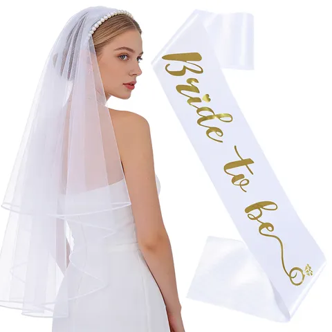 Bride To Be Satijn Sjerp Met Dubbellaagse Gaas Sluier Kunstparel Hoofdband Set Voor Bruiloft Vrijgezellenfeest Vrouwen Accessoire