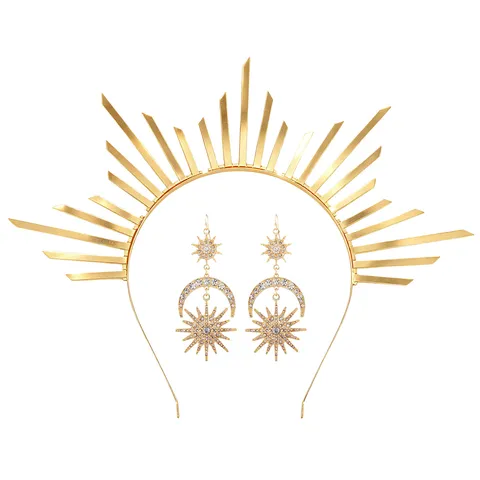 Baroque Alloy Rhinestone Sun Goddess Crown Headband Earring Set Vintage Spiked Halo Headpiece Star Moon Dangle Earrings For Party Halloween Women Accessories