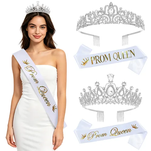 Prom Queen Crown Sash Set Luxurious Zinc Alloy Rhinestone Tiara With Gold Stamped Letter Satin Sash Party Accessories For Women Birthday Graduation Wedding Supplies