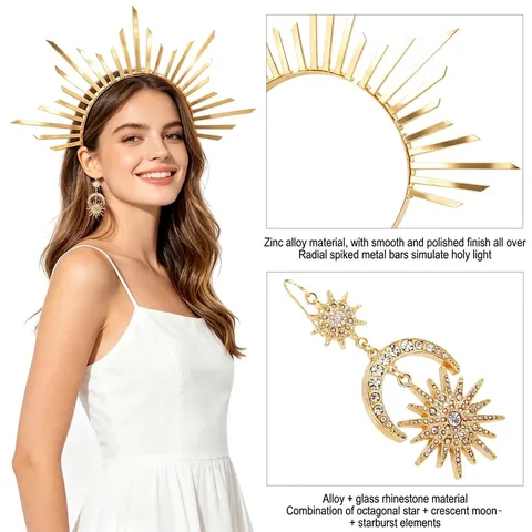 Baroque Alloy Rhinestone Sun Goddess Crown Headband Earring Set Vintage Spiked Halo Headpiece Star Moon Dangle Earrings For Party Halloween Women Accessories