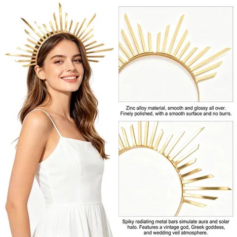 Sun Goddess Halo Headband Gold Crown Metallic Radiant Sunburst Spiked Hair Hoop For Women Party Wedding Costume Accessories