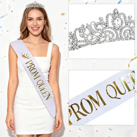 Prom Queen Crown Sash Set Luxurious Zinc Alloy Rhinestone Tiara With Gold Stamped Letter Satin Sash Party Accessories For Women Birthday Graduation Wedding Supplies