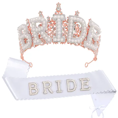 Bride Crown And Sash Set Alloy Artificial Pearl Rhinestone Bride Tiara With Satin Sash For Bachelorette Party Wedding Decorations