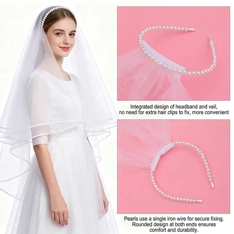 Velo da Sposa Integrato con Cerchietto di Perle Artificiali Bianche Velo da Sposa in Tulle a Doppio Strato per Addio al Nubilato