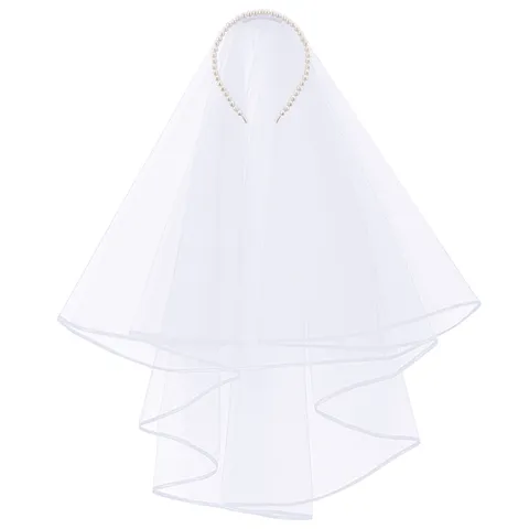 Velo da Sposa Integrato con Cerchietto di Perle Artificiali Bianche Velo da Sposa in Tulle a Doppio Strato per Addio al Nubilato