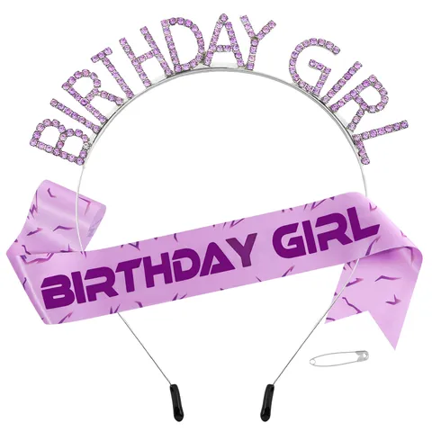 Birthday Girl Sash And Rhinestone Tiara Set For Women Girls Birthday Party Decoration Supplies Alloy Crystal Crown Satin Sash Accessories