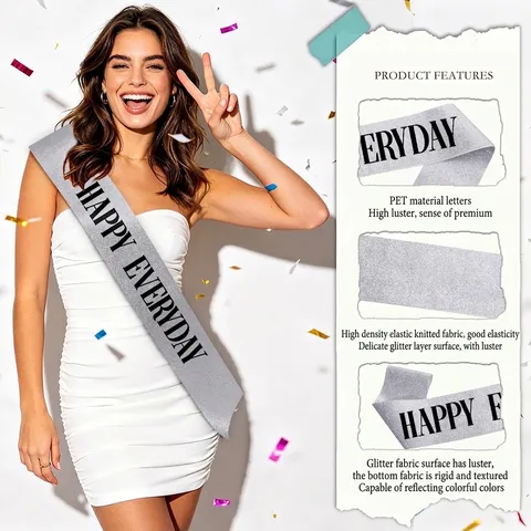 Happy Everyday Silver Glitter Party Sash Bronzing Etiquette Belt Sparkling Costume Accessory For Birthday Celebration Event Decoration