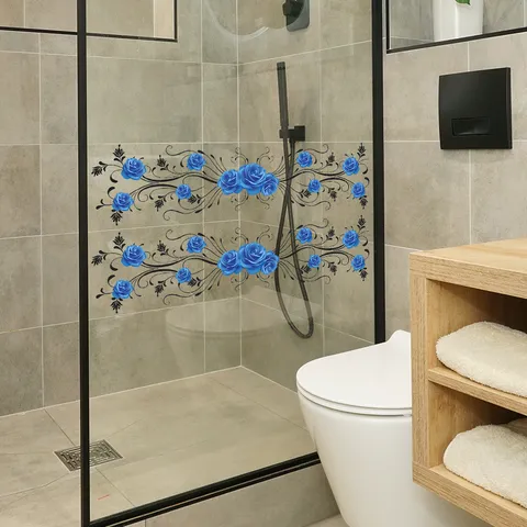 Blue Rose Wall Sticker Waterproof PVC Self-Adhesive Glass Decal For Bedroom Entryway Bathroom Home Decoration