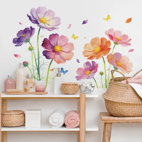 Watercolor Poppy Floral Wall Stickers PVC Removable Gradient Flower Branch Leaf Butterfly Wall Decals For Living Room Study Home Decor