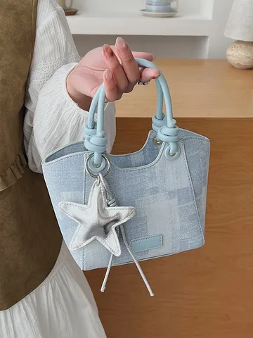 Women Denim Texture PU Leather Bucket Bag Minimalist Star Charm Top Handle Crossbody Shoulder Bag Versatile Tote