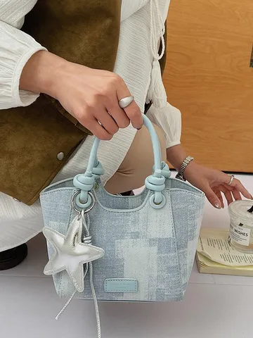 Women Denim Texture PU Leather Bucket Bag Minimalist Star Charm Top Handle Crossbody Shoulder Bag Versatile Tote