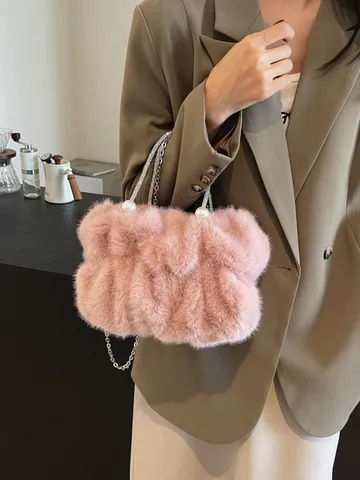 Women Sweet Faux Fur Bucket Bag 2025 Autumn Winter Plush Shoulder Bag With Rhinestone Pearl Handle Chain Crossbody Bag