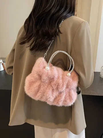 Women Sweet Faux Fur Bucket Bag 2025 Autumn Winter Plush Shoulder Bag With Rhinestone Pearl Handle Chain Crossbody Bag