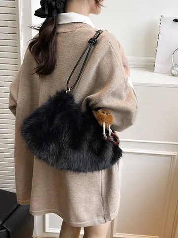 Damen Kunstpelz Tragetasche Winter Plüsch Schulter Unterachseltasche Mit Süßem Anhänger Weiche Einfarbige Handtasche Für Pendeln Alltag