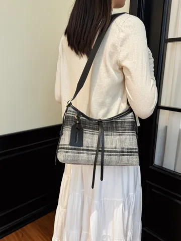 Bolso Tote de Lona a Rayas Blancas y Negras Retro Coreano Para Mujer Bolso de Hombro de Axila Casual con Correa de Cuero