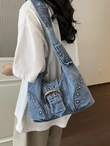 Retro Distressed Denim Shoulder Bag For Women Punk Rivet Big Belt Buckle Tote Bag Large Capacity Y2K Underarm Bag