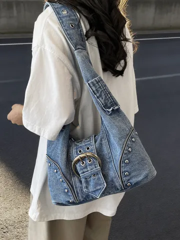 Retro Distressed Denim Shoulder Bag For Women Punk Rivet Big Belt Buckle Tote Bag Large Capacity Y2K Underarm Bag