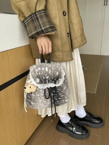 Women Plush Lace Trim Backpack Faux Fur Spotted Pattern Casual Korean Style Mini Rucksack For Autumn Winter Outdoor Daily