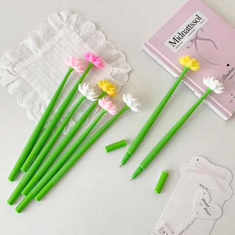 Creative Simulation Lotus Silicone Gel Pen 0.5mm Black Ink Needle Tip Soft Stem Decompression Writing Pen Student Office Stationery Gift