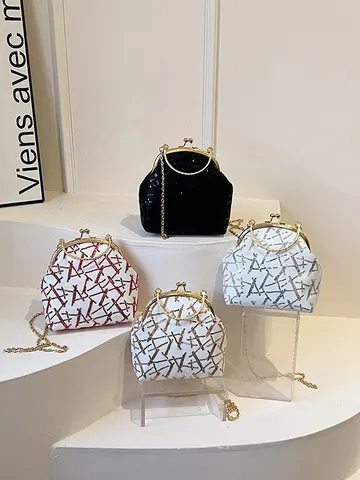 Fashion Sequin Shell Bag For Women Crossbody Mobile Phone Bag With Chain Strap Kiss Lock Closure Mini Party Evening Bag