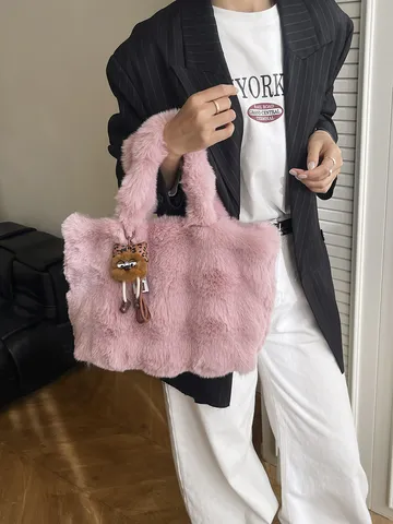 Damen Kunstpelz Plüsch Tote Tasche Große Kapazität Winter Pendler Handtasche Weiche Flauschige Schultertasche Mit Monster Anhänger Alltag Einkaufstasche