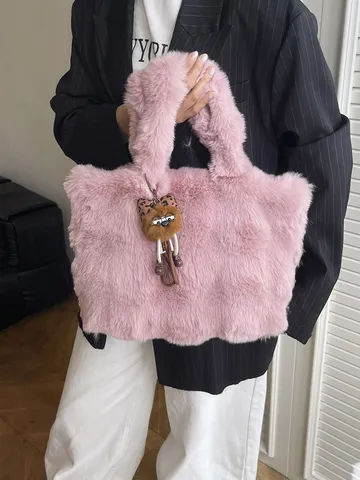 Damen Kunstpelz Plüsch Tote Tasche Große Kapazität Winter Pendler Handtasche Weiche Flauschige Schultertasche Mit Monster Anhänger Alltag Einkaufstasche