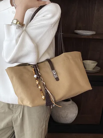 Bolso Tote de Lona para Mujer de Gran Capacidad Decoración de Flecos Retro Bolso de Hombro Artístico para Diario Con Correa de Cuero