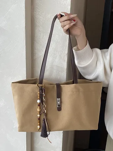 Bolso Tote de Lona para Mujer de Gran Capacidad Decoración de Flecos Retro Bolso de Hombro Artístico para Diario Con Correa de Cuero