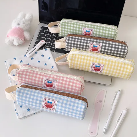 Astuccio in Stile Coreano con Motivo a Quadretti Gingham Grande Capacità Borsa per Penne in Tela Organizzatore di Cancelleria per Studenti