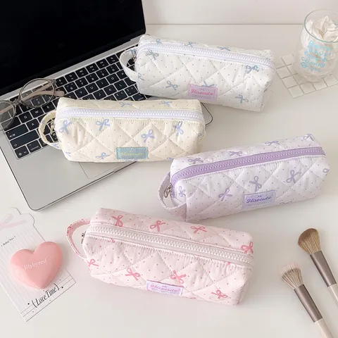 Korean Quilted Polka Dot Bowknot Pencil Case Aesthetic Handheld Large Capacity Stationery Bag Polyester Makeup Storage Pouch