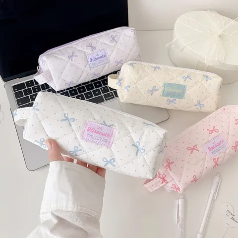Korean Quilted Polka Dot Bowknot Pencil Case Aesthetic Handheld Large Capacity Stationery Bag Polyester Makeup Storage Pouch
