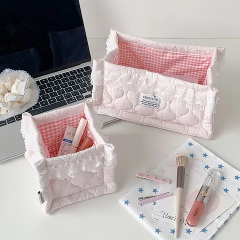 Lace Edge Desktop Storage Basket Large Capacity Quilted Polyester Organizer Bag For Cosmetics Stationery Ins Style Home Office Decor