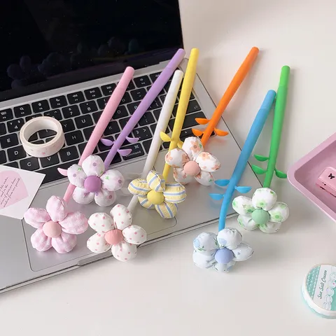 Aesthetic Fabric Flower Neutral Pen 0.5mm Tip Silicone Gel Pen Student Stationery Teacher Gift Writing Signature Pen Decorative Stress Relief Pen