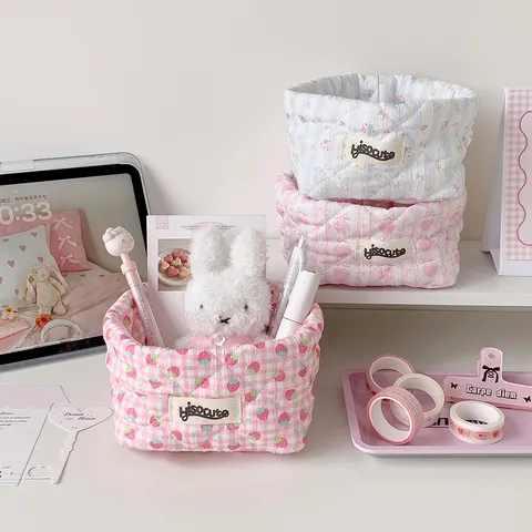 Korean Style Quilted Polyester Storage Basket Cute Bow Heart Desktop Organizer Large Capacity Fabric Stationery Makeup Brush Bag Storage Bin