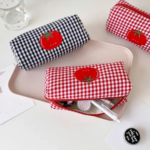 Korean Style Tomato Gingham Pencil Case Large Capacity Polyester Stationery Bag For Students Desktop Storage Red Black Grid