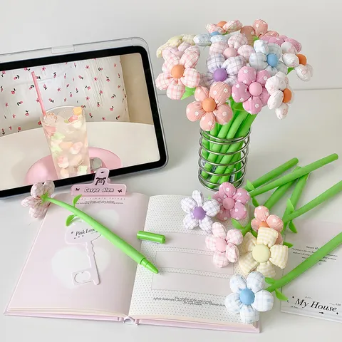 Creative Fabric Flower Gel Ink Pen Cute Plaid Polka Dot Floral Writing Pen 0.5mm Black Ink For Students Office School Stationery Gift