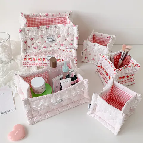 Lace Edge Desktop Storage Basket Large Capacity Quilted Polyester Organizer Bag For Cosmetics Stationery Ins Style Home Office Decor