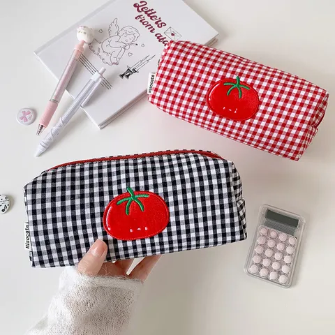 Korean Style Tomato Gingham Pencil Case Large Capacity Polyester Stationery Bag For Students Desktop Storage Red Black Grid