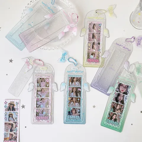 Angel Wings Four-Grid Photo Card Holder INS Style PVC Glitter Transparent Photo Protective Sleeve Pendant With Ball Chain