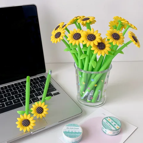 Creative Sunflower Shape Silicone Gel Pen Cute 0.5mm Black Ink Sign Pen Simulated Flower Desk Decoration Stationery For Student Office School