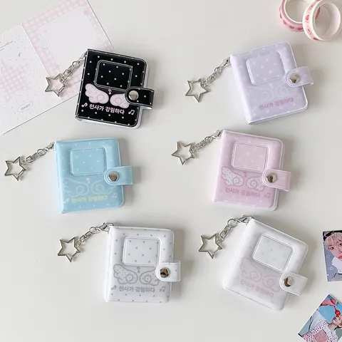 Mini Álbum de Fotos Soporte para Tarjetas de PVC Con Llavero de Estrella Patrón de Alas Libro de Almacenamiento