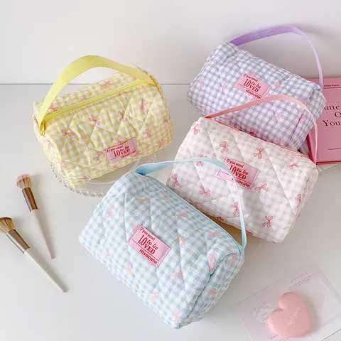 Grote Capaciteit Gequilt Gingham Etui Koreaanse Stijl Strik Reizen Make-up Tas Draagbare Kantoorbenodigdheden Organizer Zak