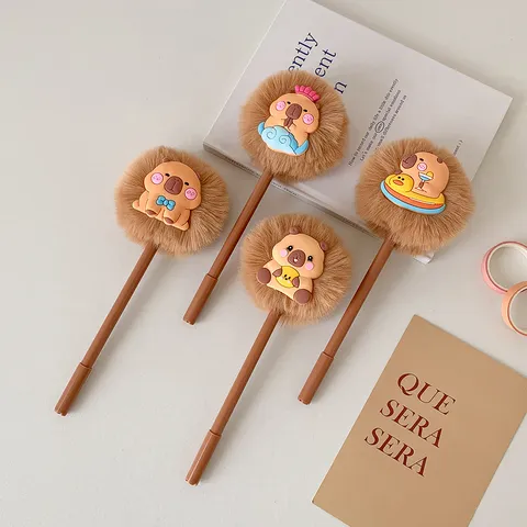 Niedlicher Capybara Plüsch Gelstift Kunststoff Weicher Pelzball 0.35mm Nadelspitze Blaue Tinte Schreibwaren Journaling Schule Geschenk Studenten