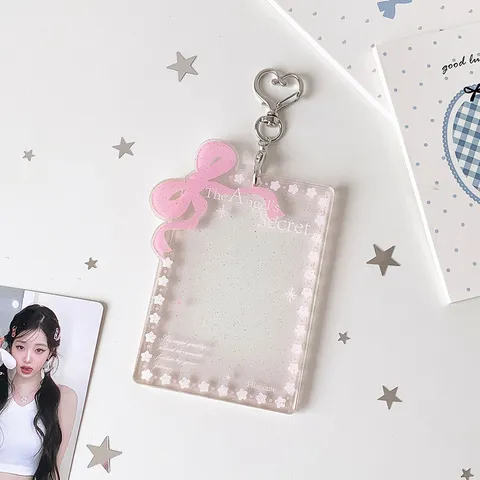 Simpatica Custodia per Carte in Acrilico con Fiocco Glitter Stella Porta Fototessera con Chiusura a Cuore Custodia Protettiva Portatile per Fototessere Kpop