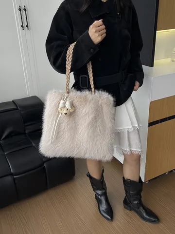 Damen Plüsch Tragetasche Kunstpelz Schultertasche Gewebter Gurt Achseltasche Herbst Winter Pendler Handtasche Lässige Tasche
