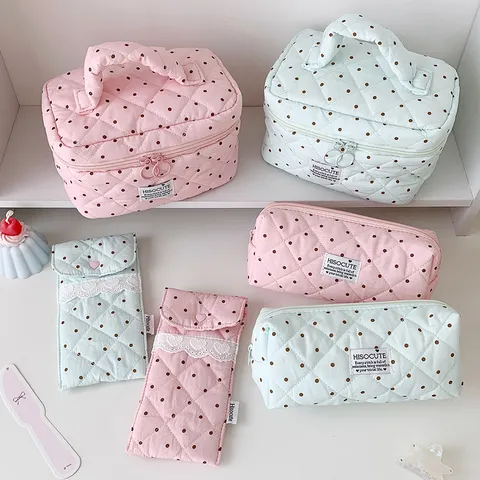 Trousse de Maquillage Matelassée à Pois Style Coréen Grande Capacité Pochette de Rangement pour Femmes Voyage Quotidien