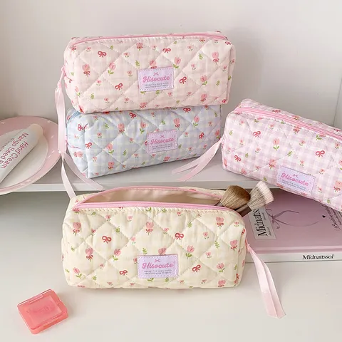Trousse à Maquillage en Coton Piqué Coréen Plaid Tulipe Pochette à Cordon Florale Multifonctionnelle Sac de Voyage Trousse à Crayons